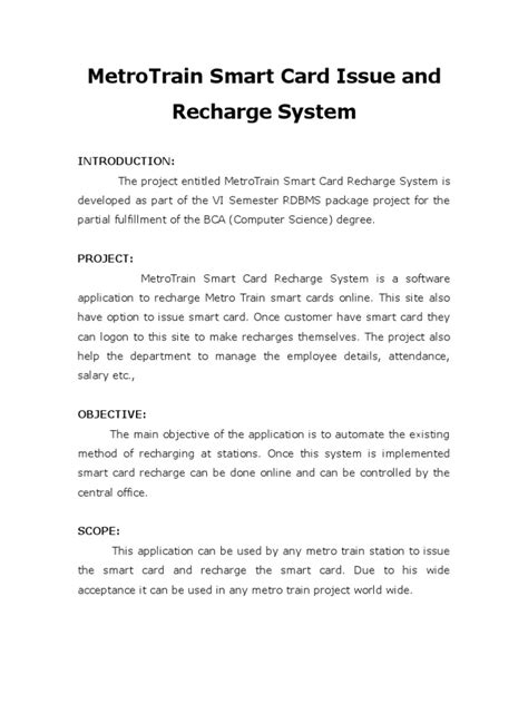 Synopsis MetroTrain Card Recharge System 